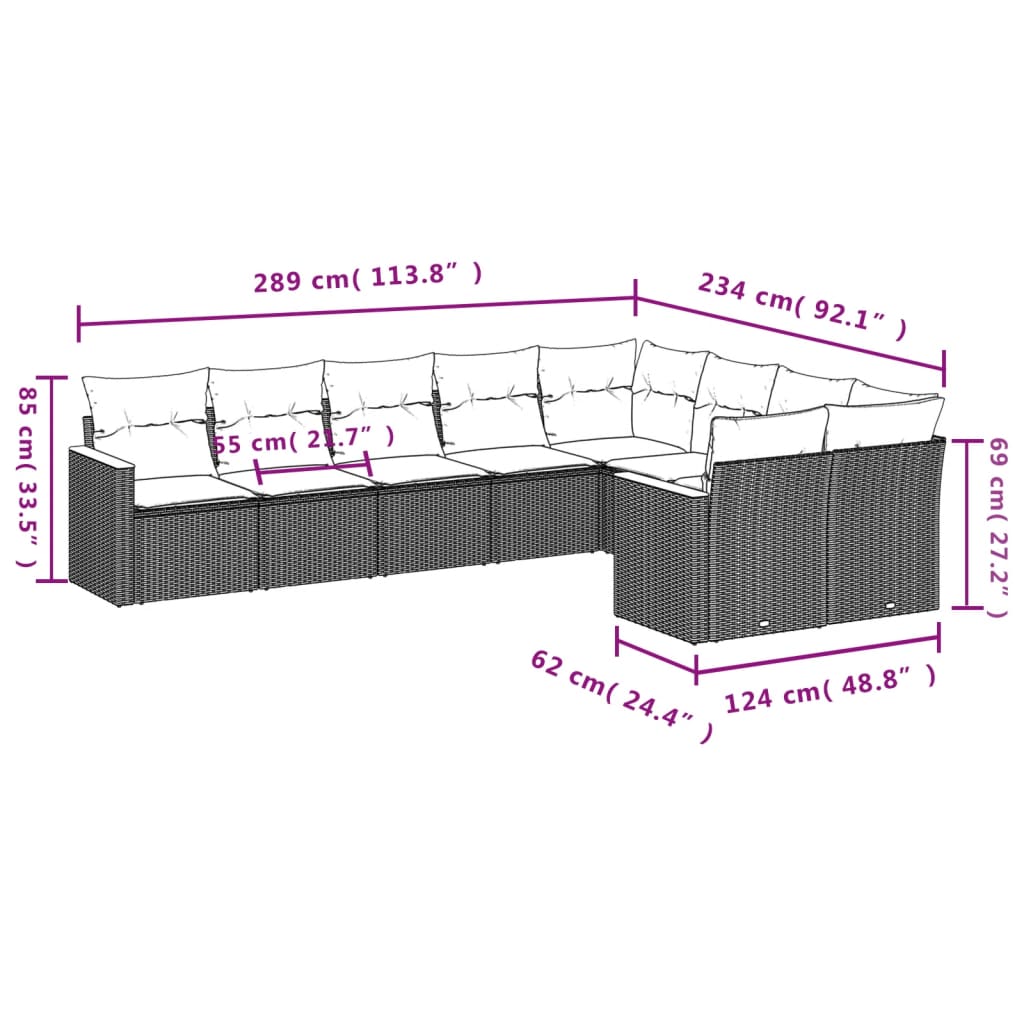 vidaXL 9-tlg. Garten-Sofagarnitur mit Kissen Grau Poly Rattan