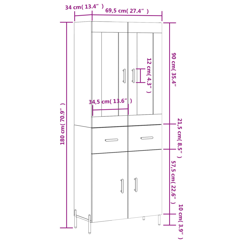 vidaXL Highboard Grau Sonoma 69,5x34x180 cm Holzwerkstoff