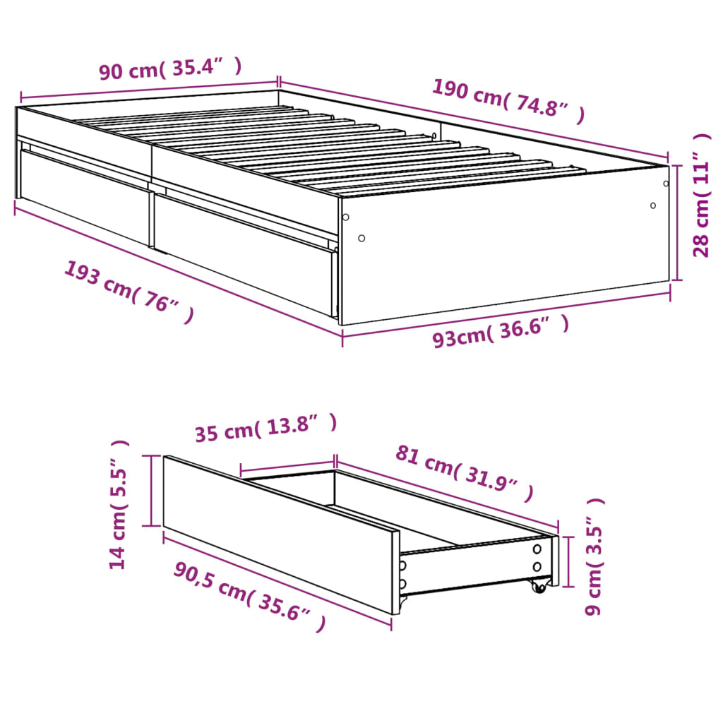 vidaXL Bettgestell mit Schubladen Räuchereiche 90x190 cm Holzwerkstoff