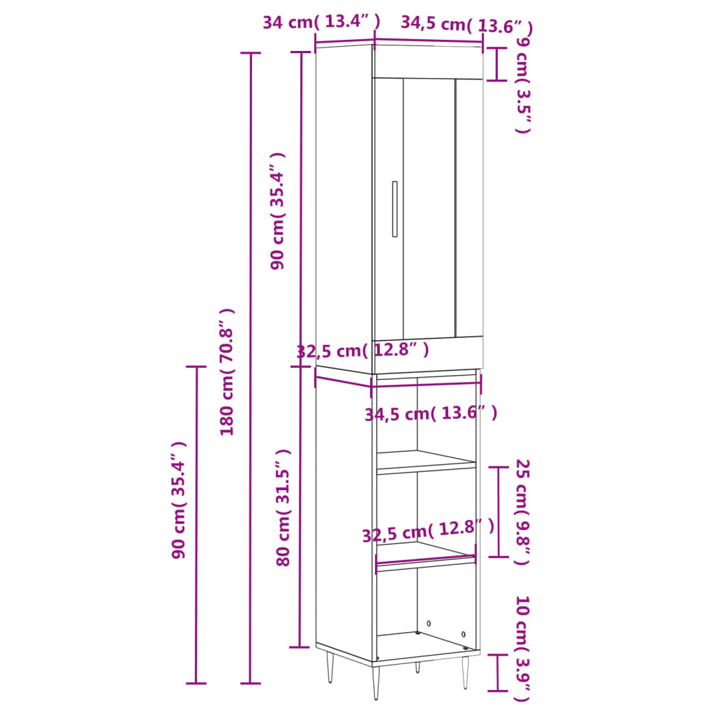 vidaXL Highboard Räuchereiche 34,5x34x180 cm Holzwerkstoff