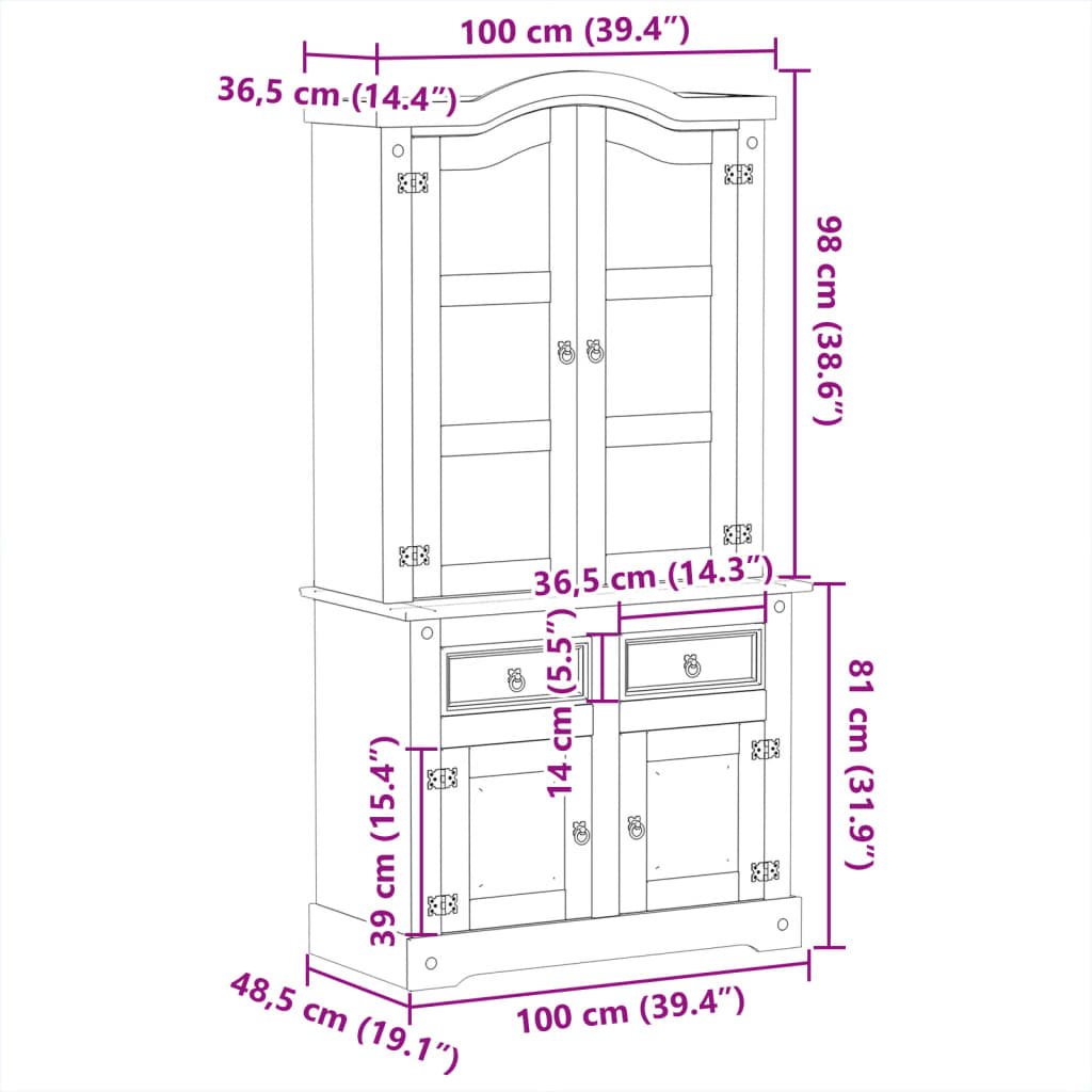 vidaXL Vitrine Corona 100x48,5x179 cm Massivholz Kiefer