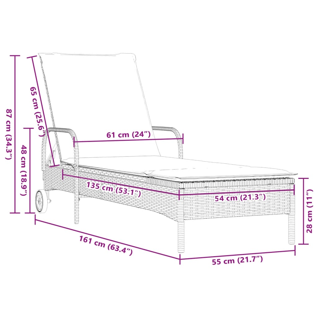 vidaXL Sonnenliege mit Rollen und Auflage Beige Poly Rattan