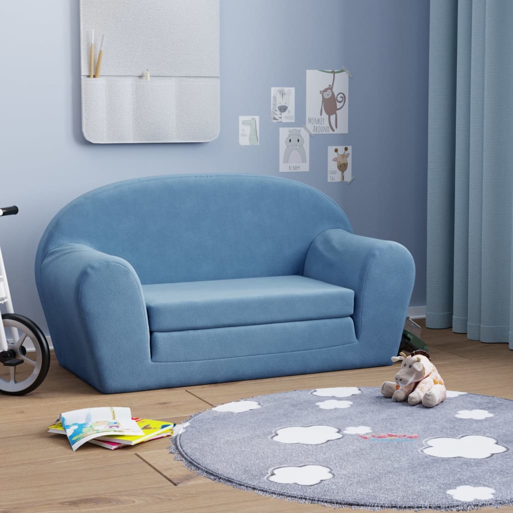 vidaXL 2-Sitzer Kindersofa mit Schlaffunktion Blau Weicher Plüsch