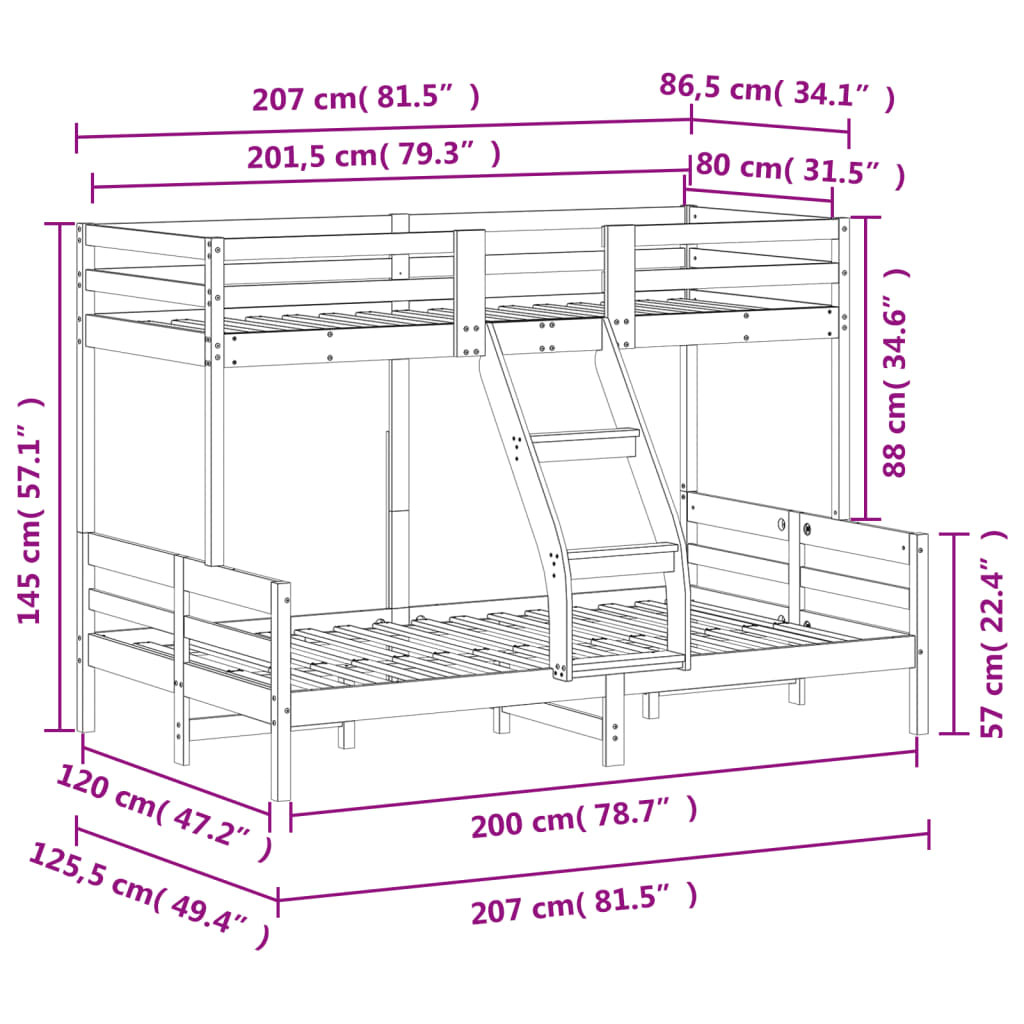 vidaXL Etagenbett 80x200/120x200 cm Weiß Massivholz Kiefer