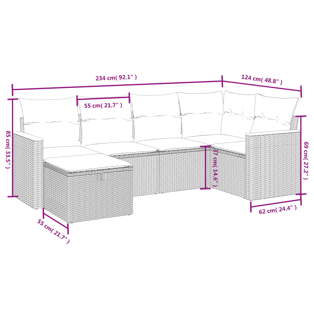 vidaXL 6-tlg. Garten-Sofagarnitur mit Kissen Schwarz Poly Rattan