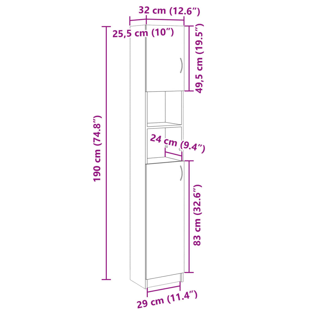 vidaXL Badezimmerschrank Sonoma-Eiche 32x25,5x190 cm Holzwerkstoff