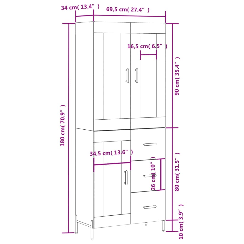 vidaXL Highboard Sonoma-Eiche 69,5x34x180 cm Holzwerkstoff