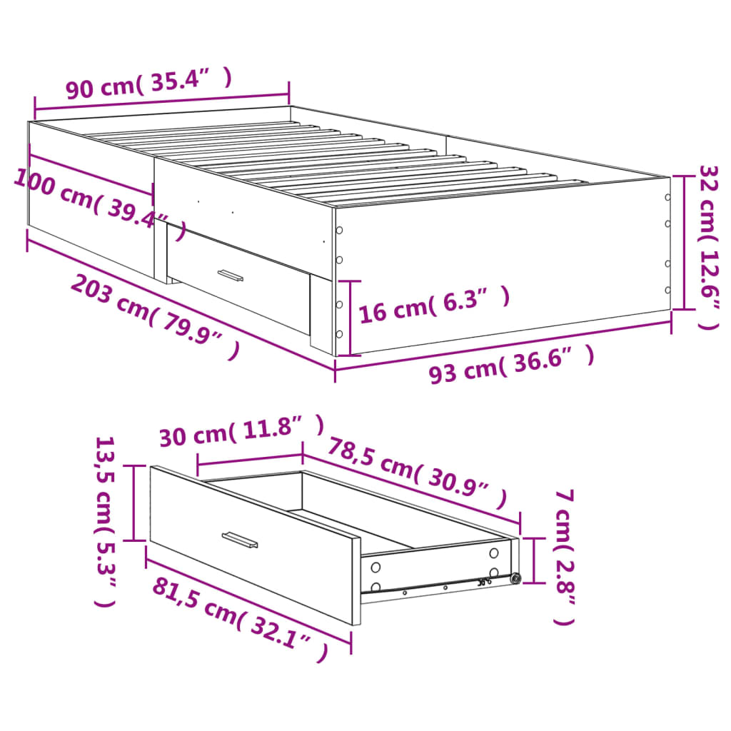 vidaXL Bettgestell mit Schubladen Sonoma-Eiche 90x200cm Holzwerkstoff