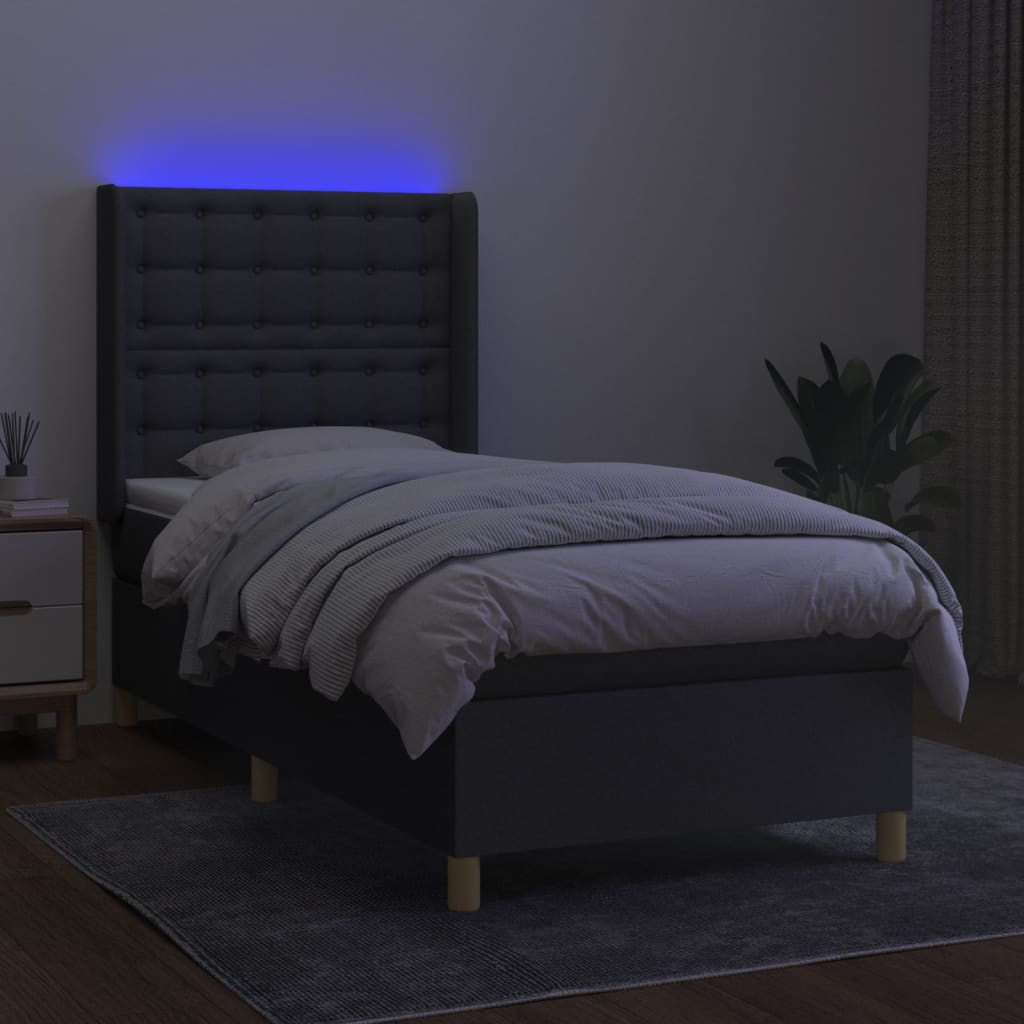 vidaXL Boxspringbett mit Matratze & LED Dunkelgrau 90x200 cm Stoff