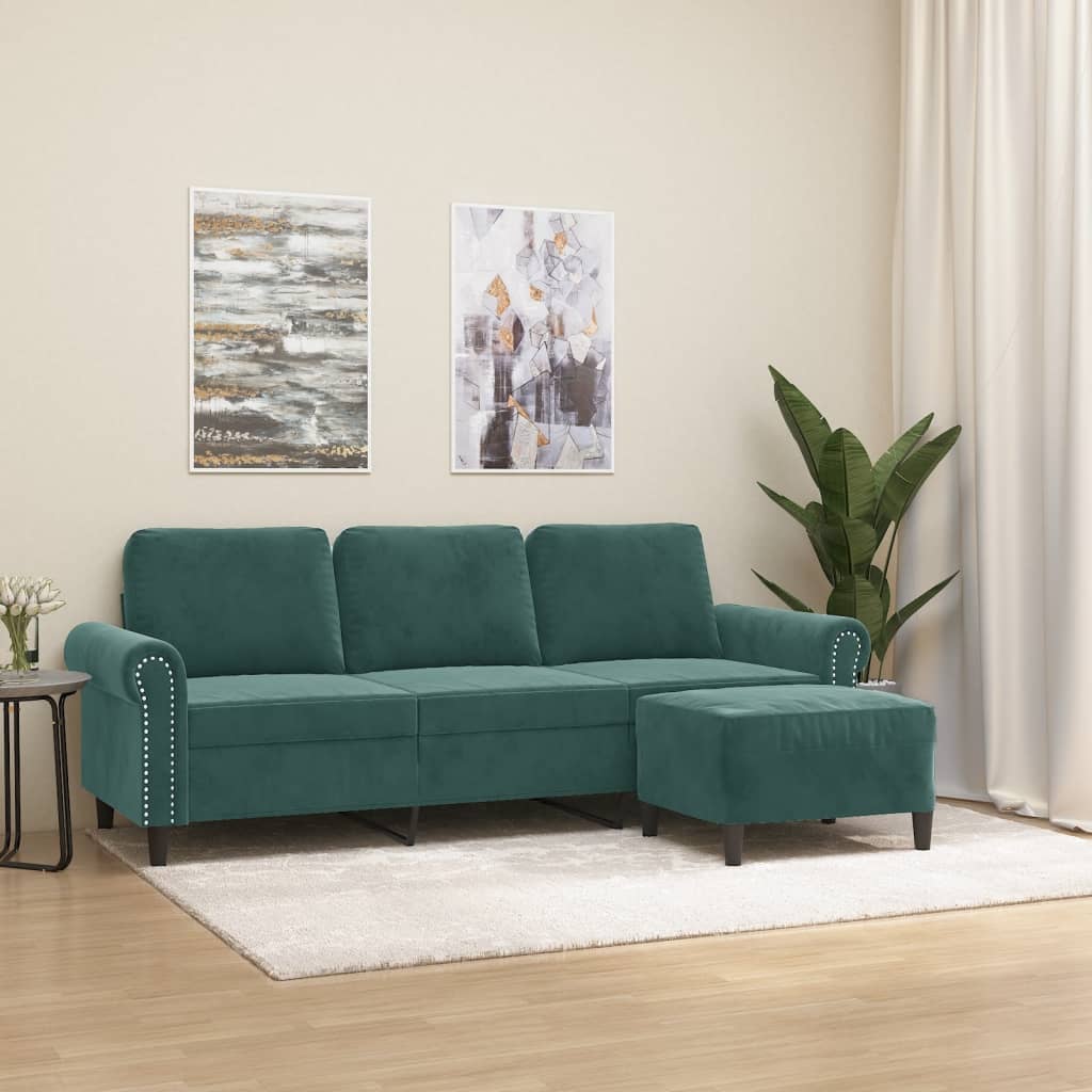 vidaXL 3-Sitzer-Sofa mit Hocker Dunkelgrün 180 cm Samt