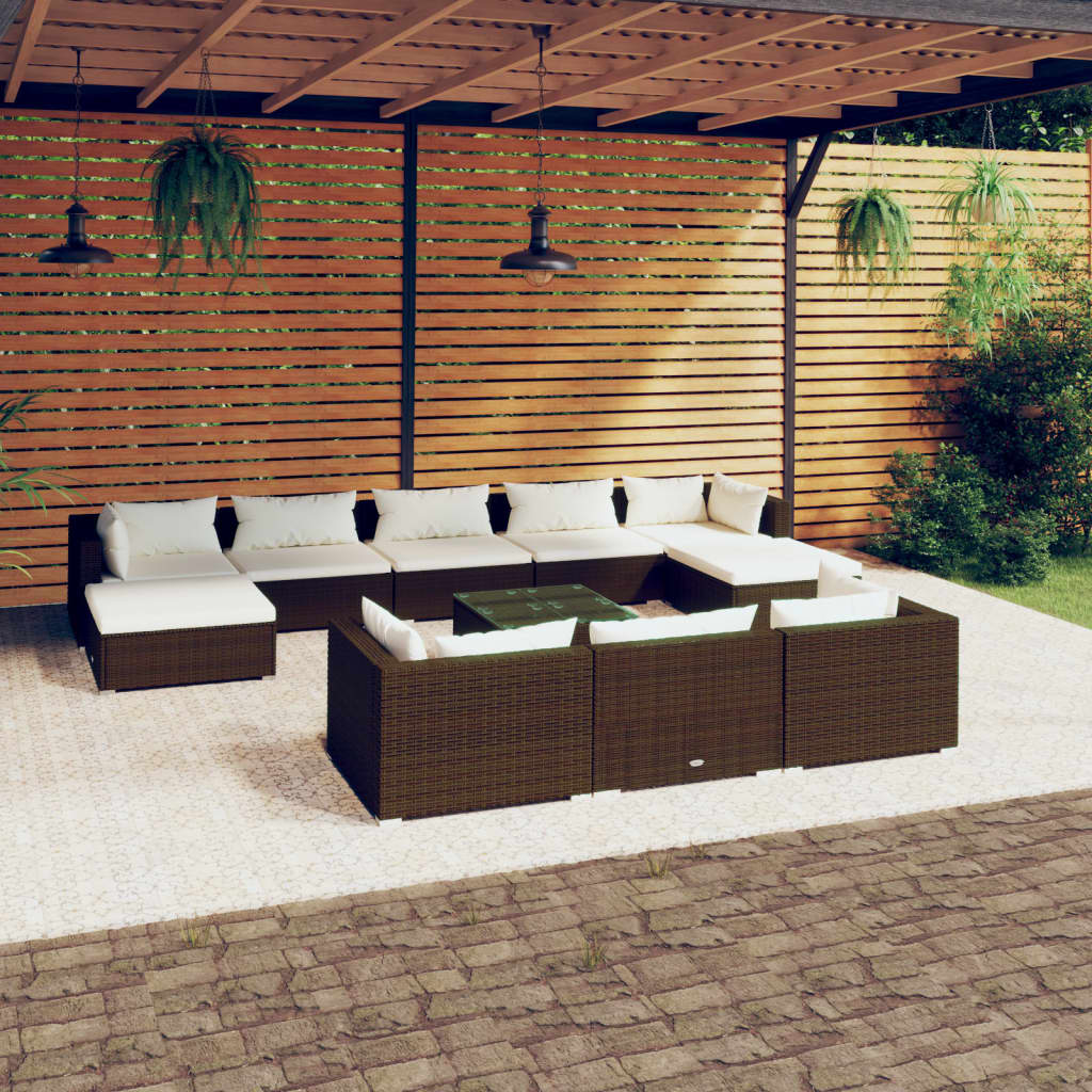 vidaXL 11-tlg. Garten-Lounge-Set mit Kissen Braun Poly Rattan