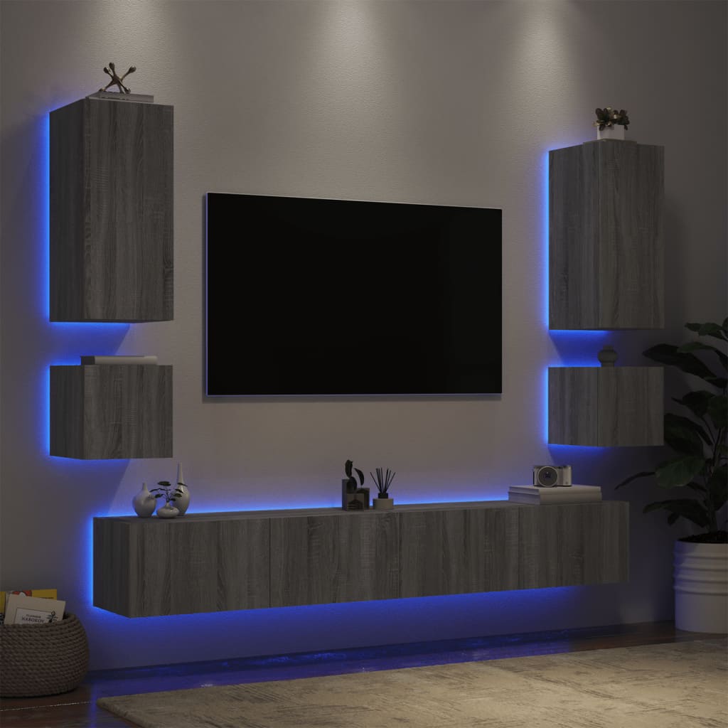 vidaXL 6-tlg. TV-Wohnwand mit LED-Leuchten Grau Sonoma