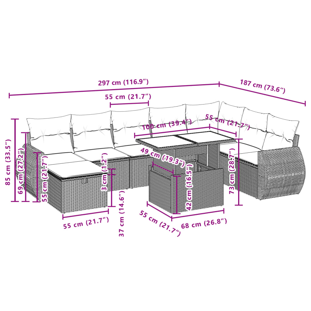 vidaXL 9-tlg. Garten-Sofagarnitur mit Kissen Schwarz Poly Rattan