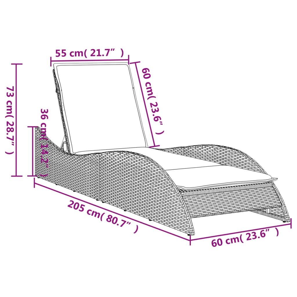 vidaXL Sonnenliege mit Auflage Grau 60x205x73 cm Poly Rattan