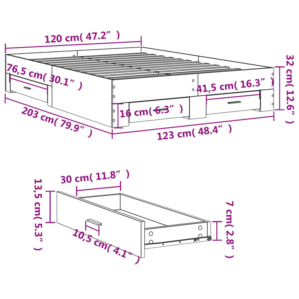 vidaXL Bettgestell mit Schubladen Grau Sonoma 120x200 cm Holzwerkstoff