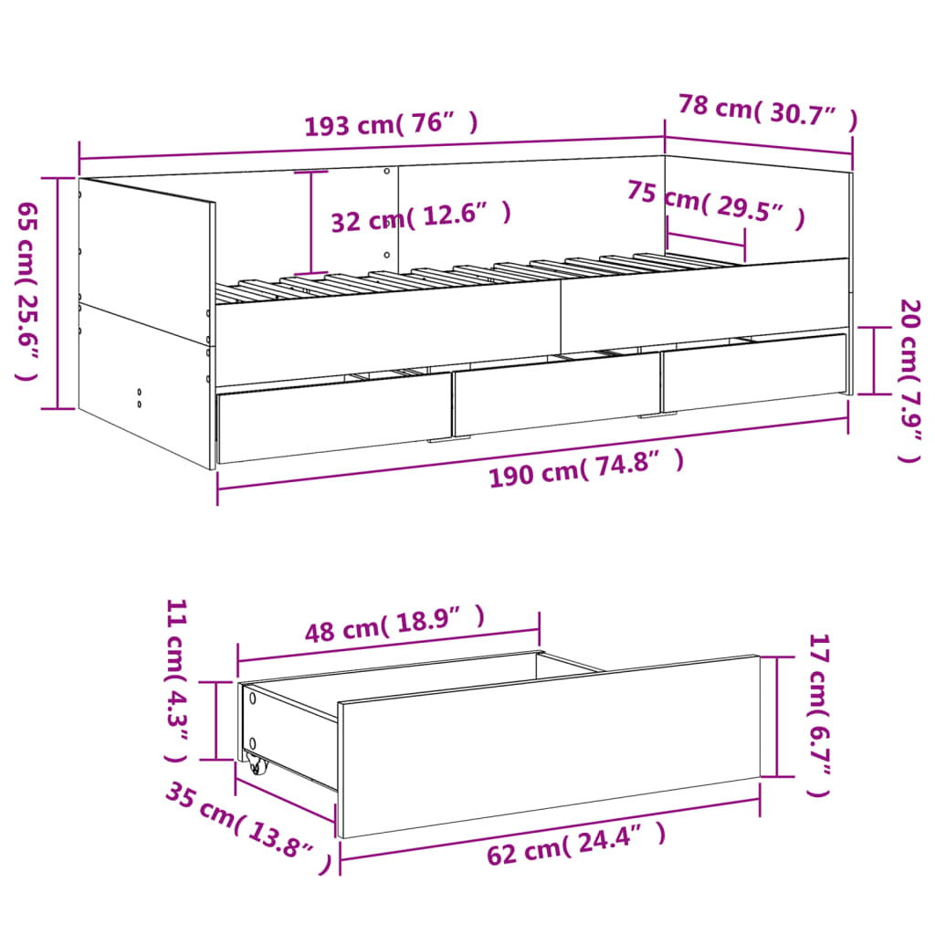 vidaXL Tagesbett mit Schubladen Grau Sonoma 75x190 cm Holzwerkstoff