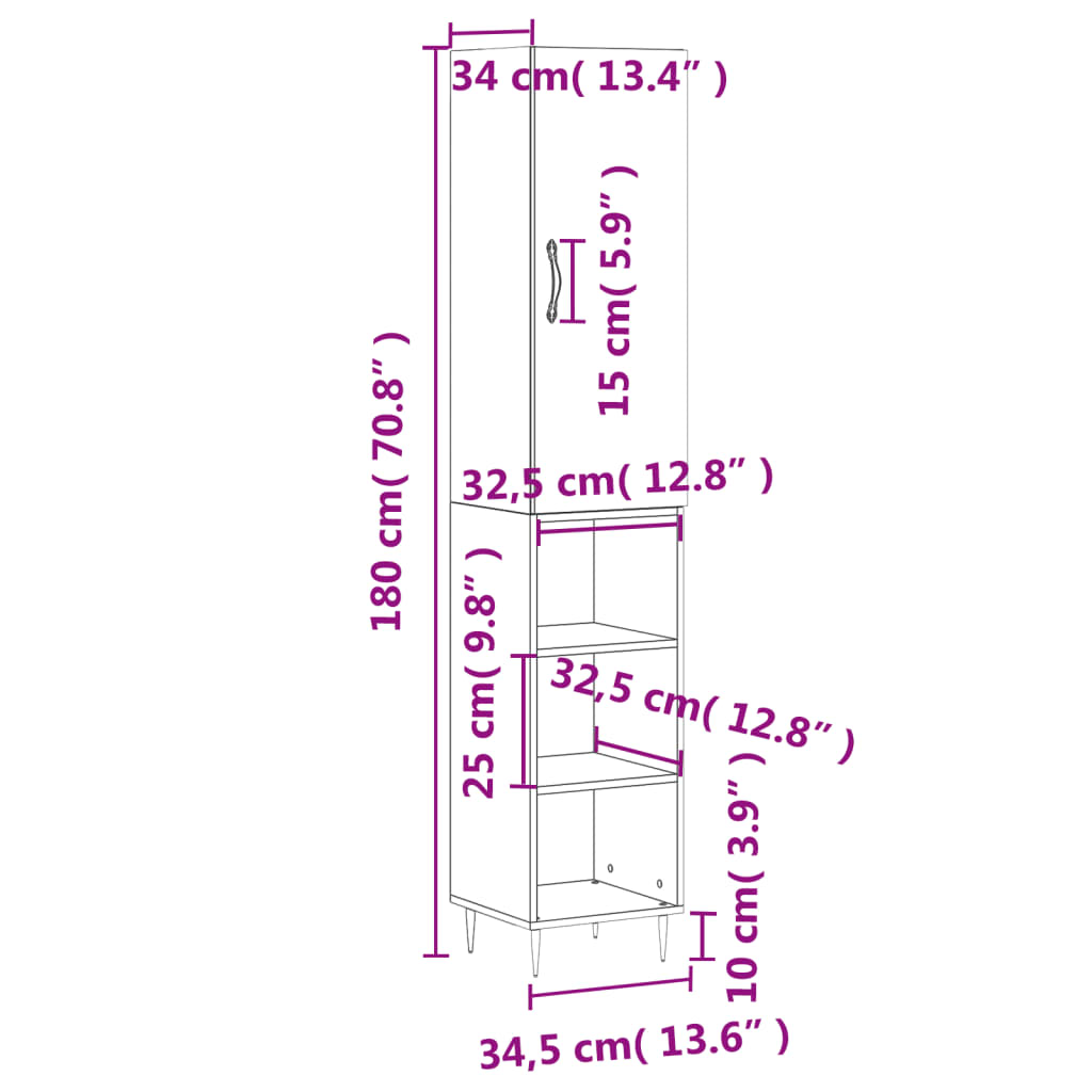 vidaXL Highboard Betongrau 34,5x34x180 cm Holzwerkstoff