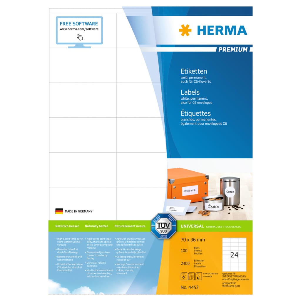 HERMA Etiketten PREMIUM Permanent Haftend A4 70x36 mm 100 Blätter