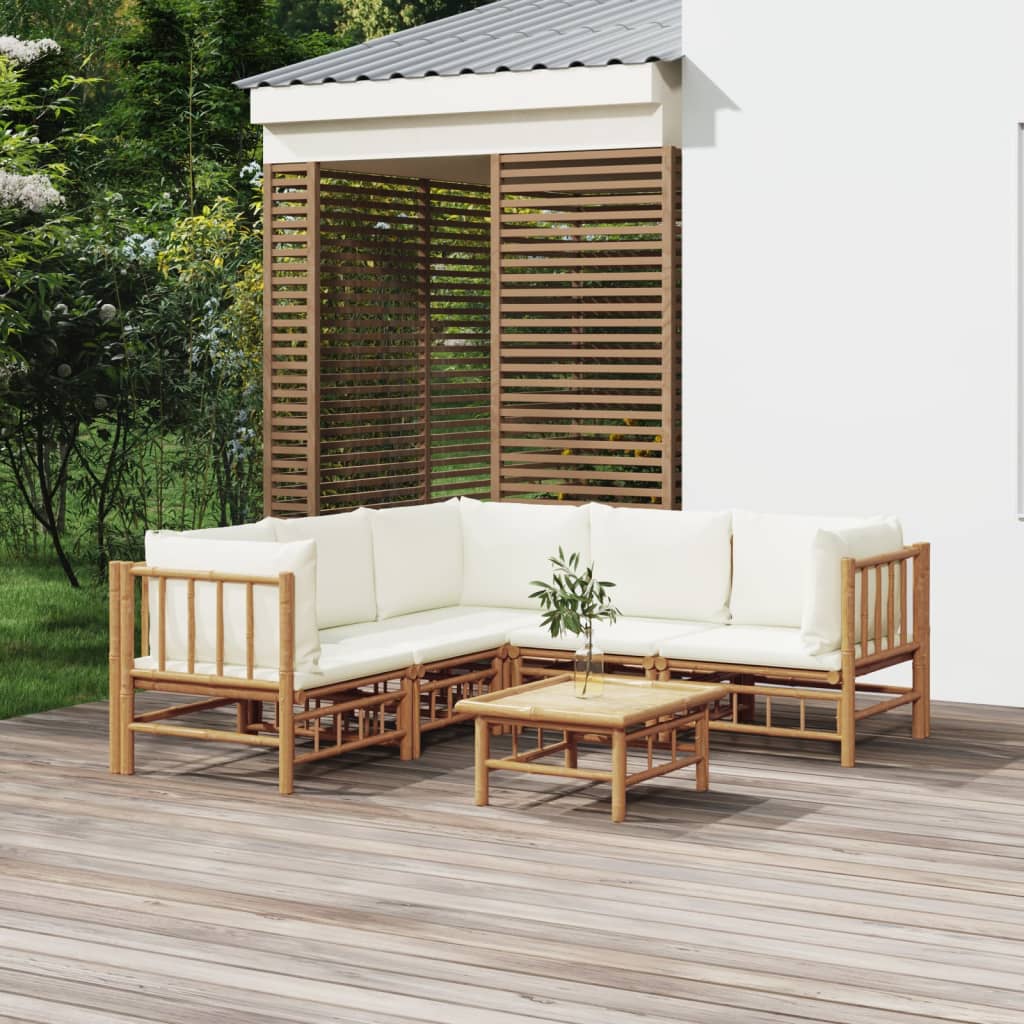 vidaXL 6-tlg. Garten-Lounge-Set mit Cremeweißen Kissen Bambus