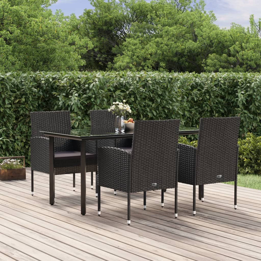 vidaXL 5-tlg. Garten-Essgruppe mit Kissen Schwarz Poly Rattan