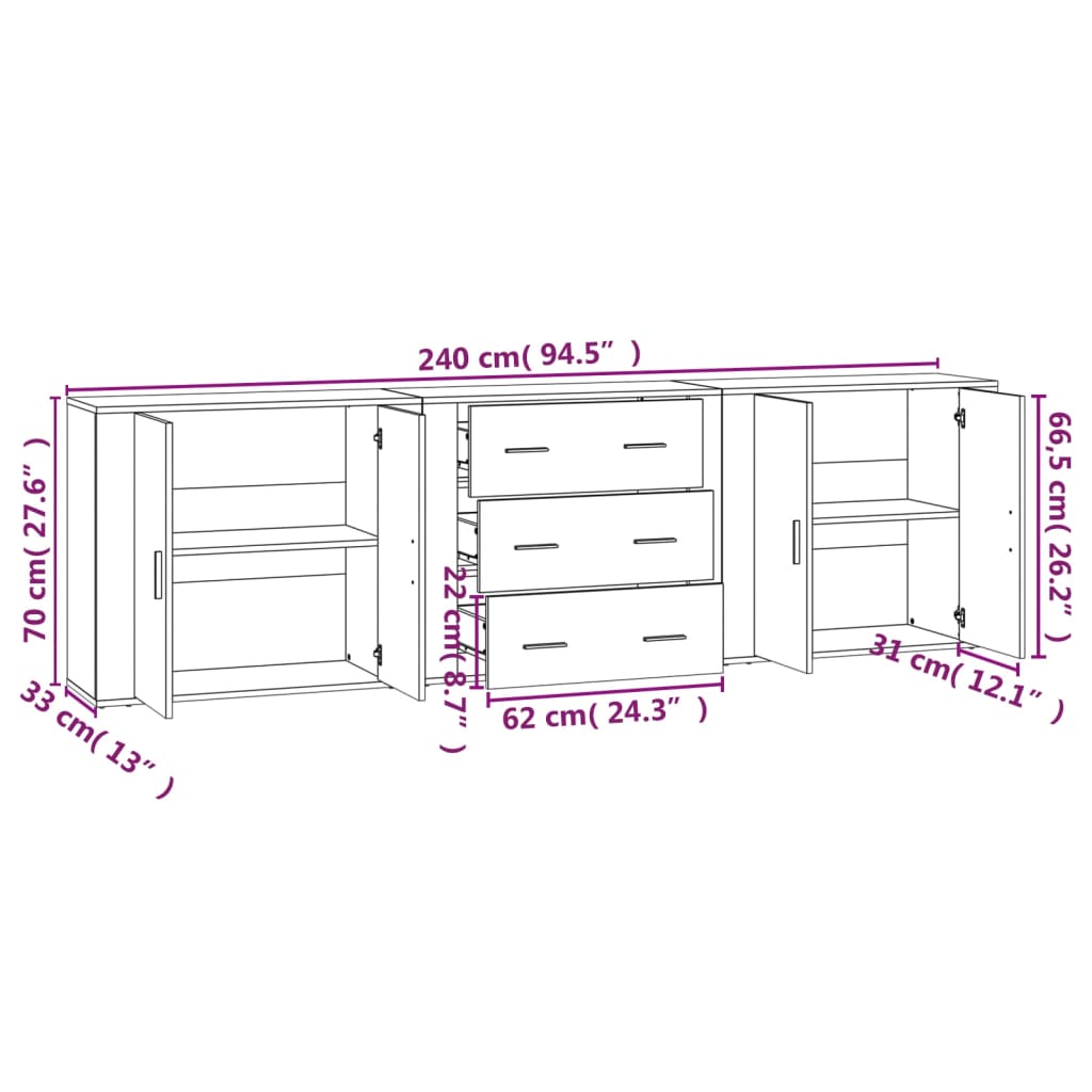 vidaXL Sideboards 3 Stk. Betongrau Holzwerkstoff