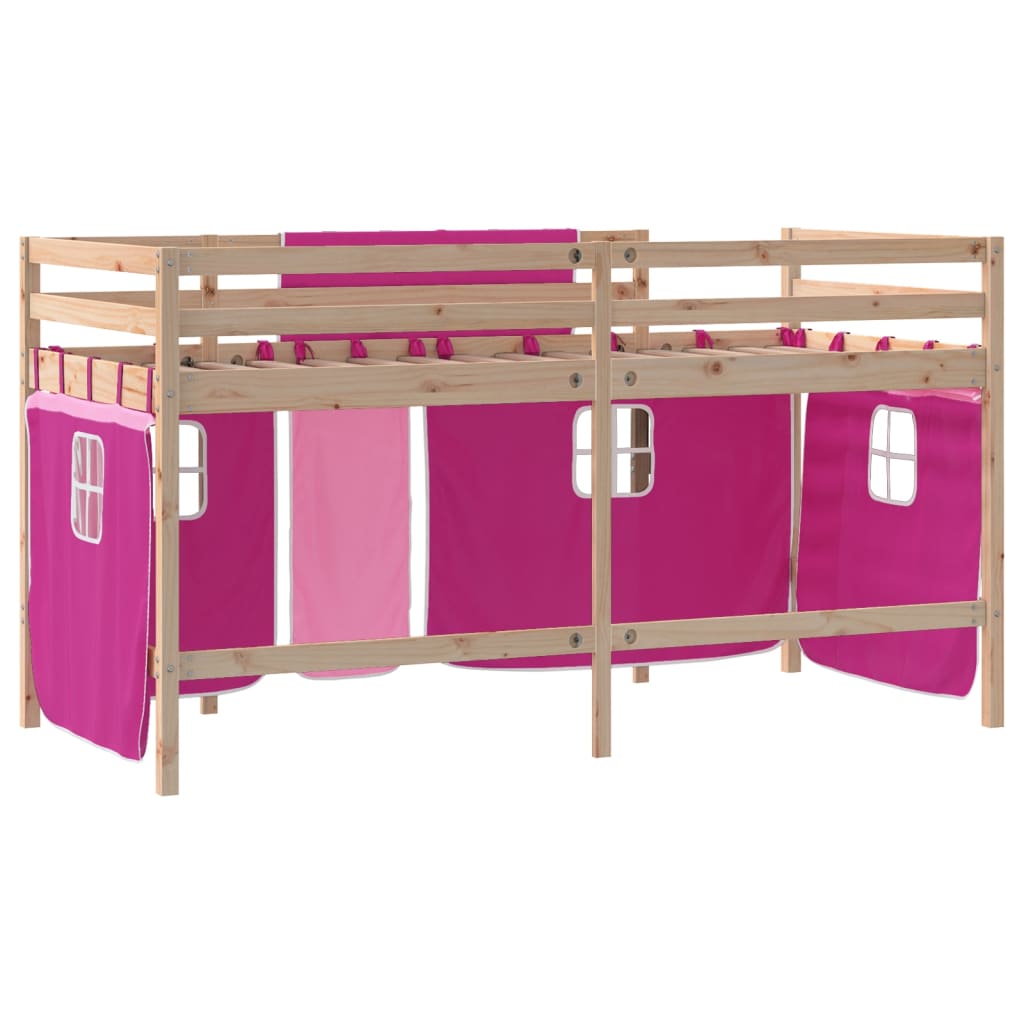 vidaXL Kinderhochbett mit Vorhängen Rosa 90x200 cm Massivholz Kiefer