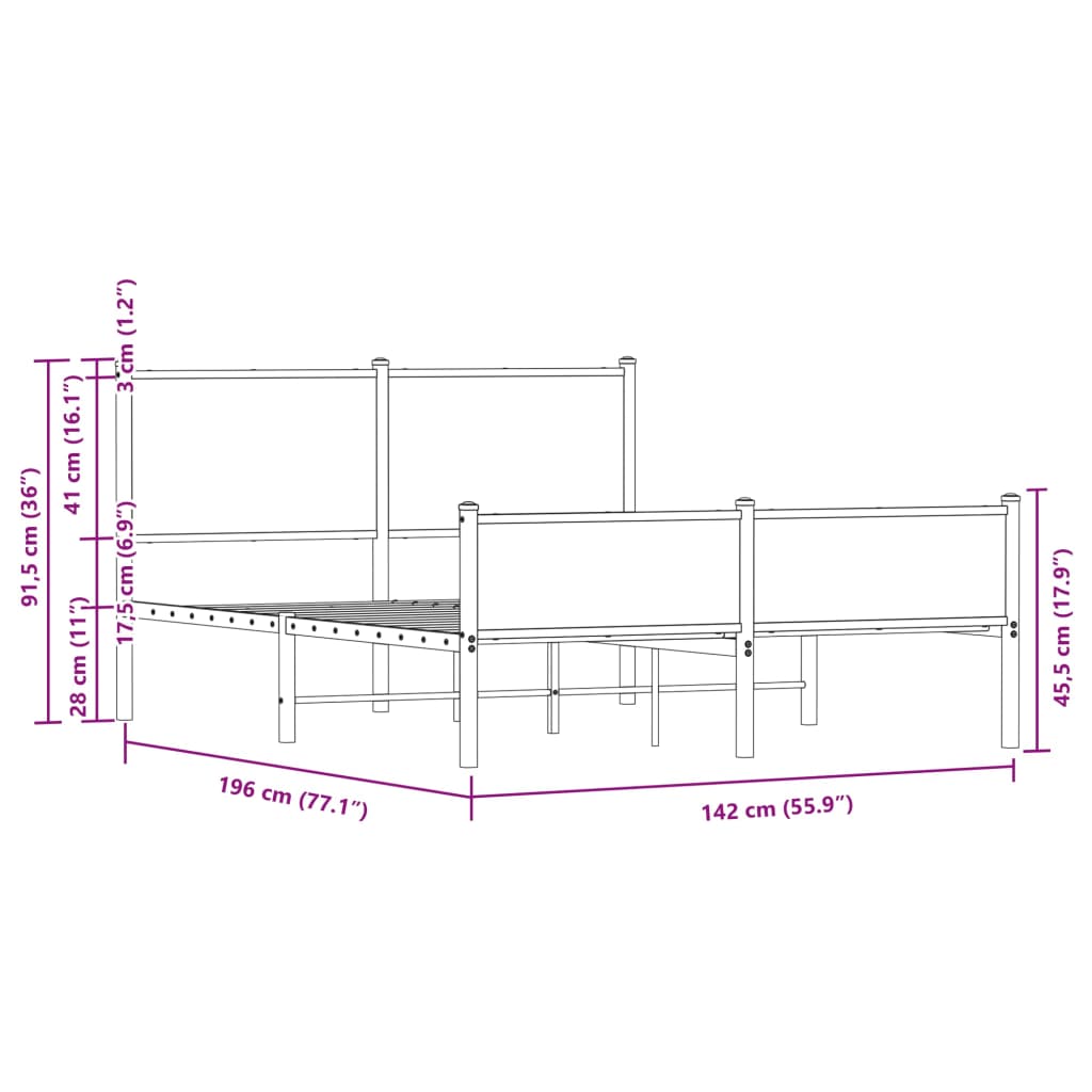 vidaXL Bettgestell mit Kopf- und Fußteil Metall 137x190 cm