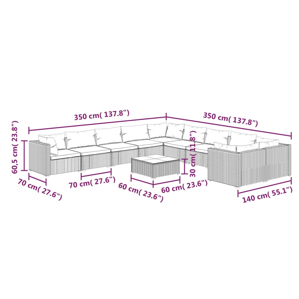 vidaXL 11-tlg. Garten-Lounge-Set mit Kissen Poly Rattan Braun