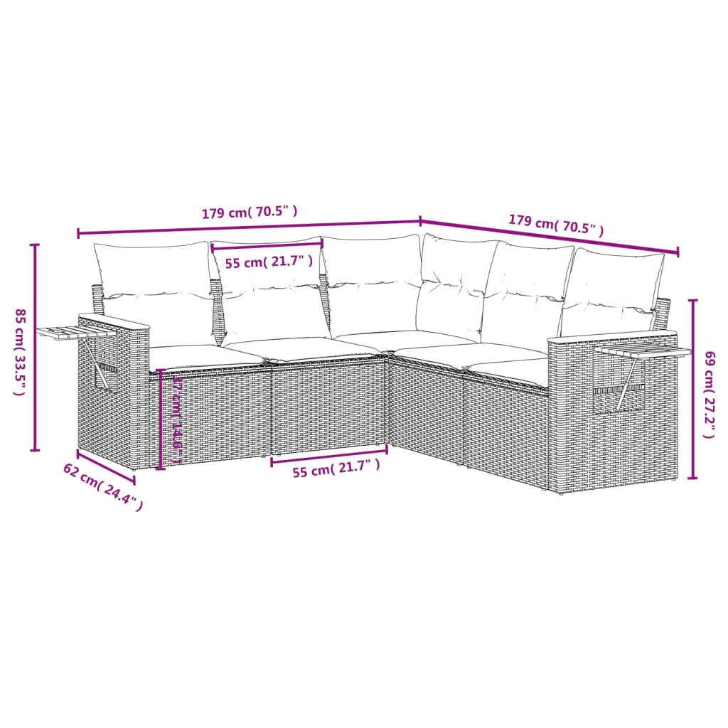 vidaXL 5-tlg. Garten-Sofagarnitur mit Kissen Schwarz Poly Rattan