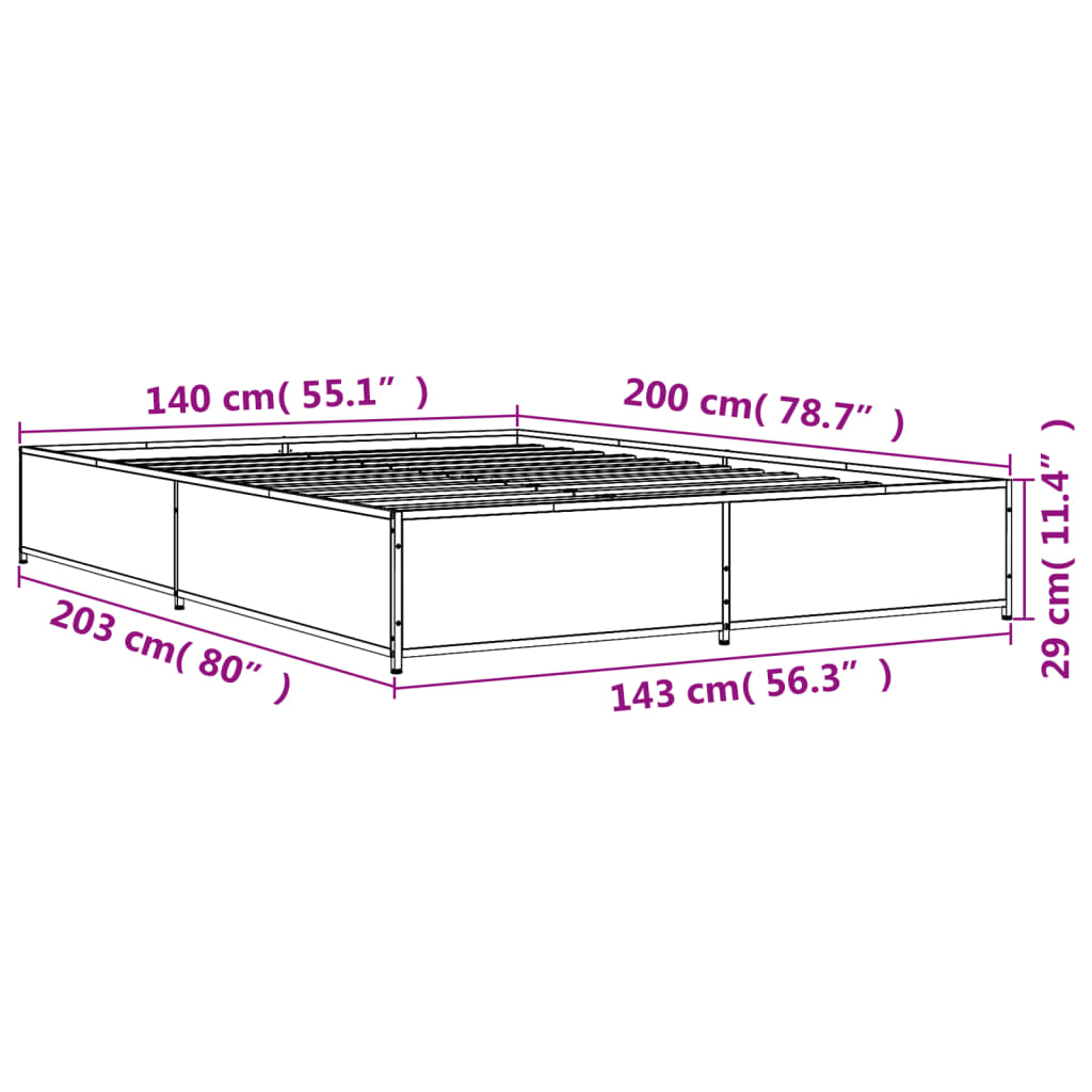 vidaXL Bettgestell Braun Eichen-Optik 140x200 cm Holzwerkstoff Metall