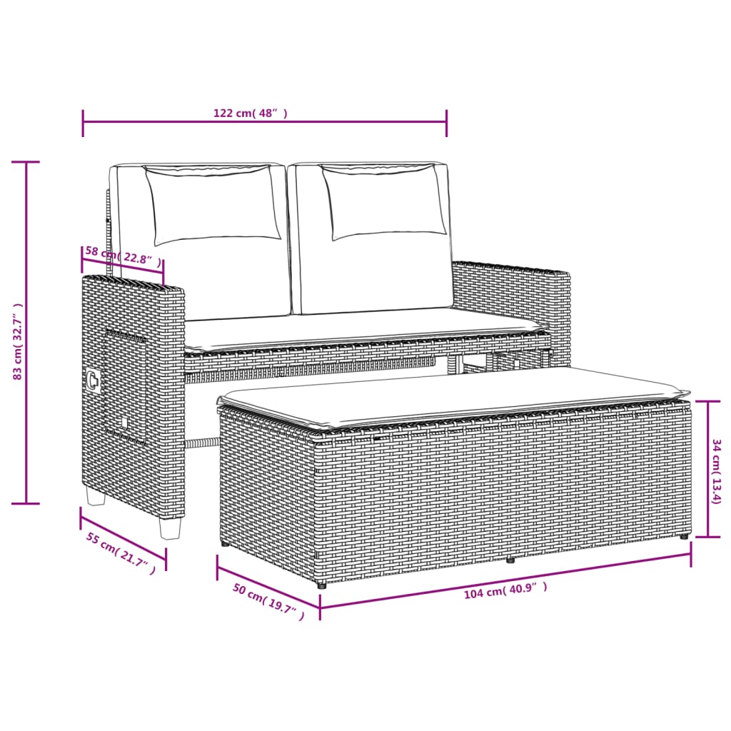 vidaXL Gartenbank Verstellbar mit Kissen Beige Poly Rattan