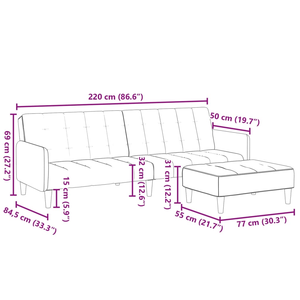 vidaXL Schlafsofa 2-Sitzer mit Fußhocker Schwarz Samt