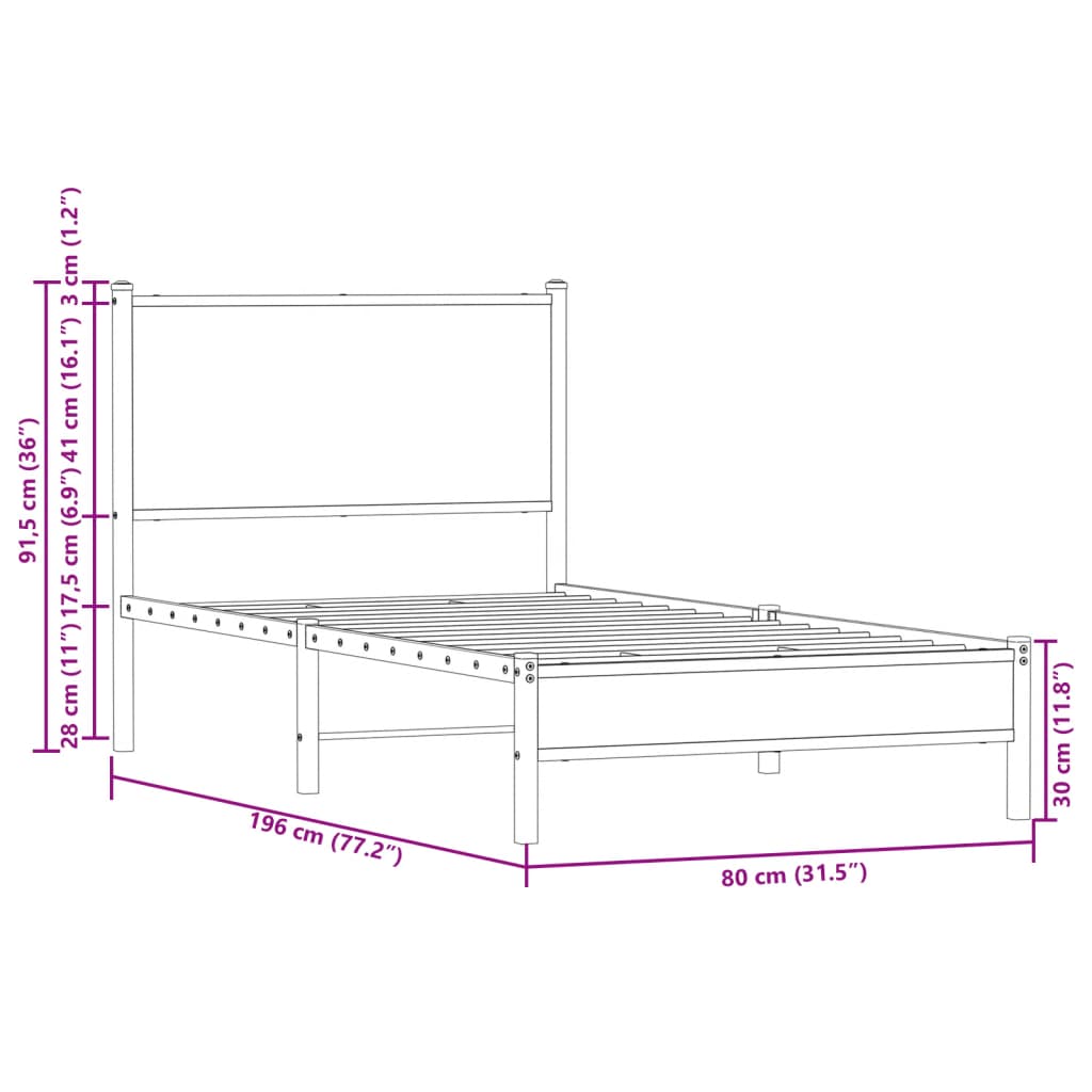 vidaXL Bettgestell mit Kopfteil Metall Braun Eichen-Optik 75x190 cm