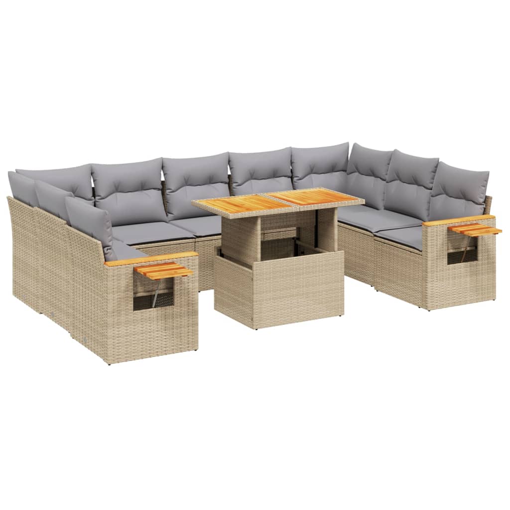 vidaXL 10-tlg. Garten-Sofagarnitur mit Kissen Beige Poly Rattan