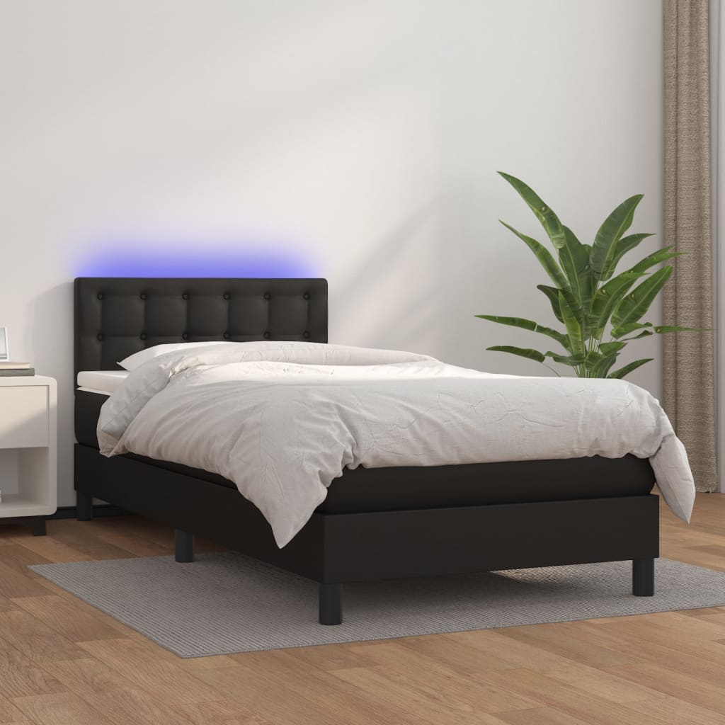 vidaXL Boxspringbett mit Matratze & LED Schwarz 90x200 cm Kunstleder