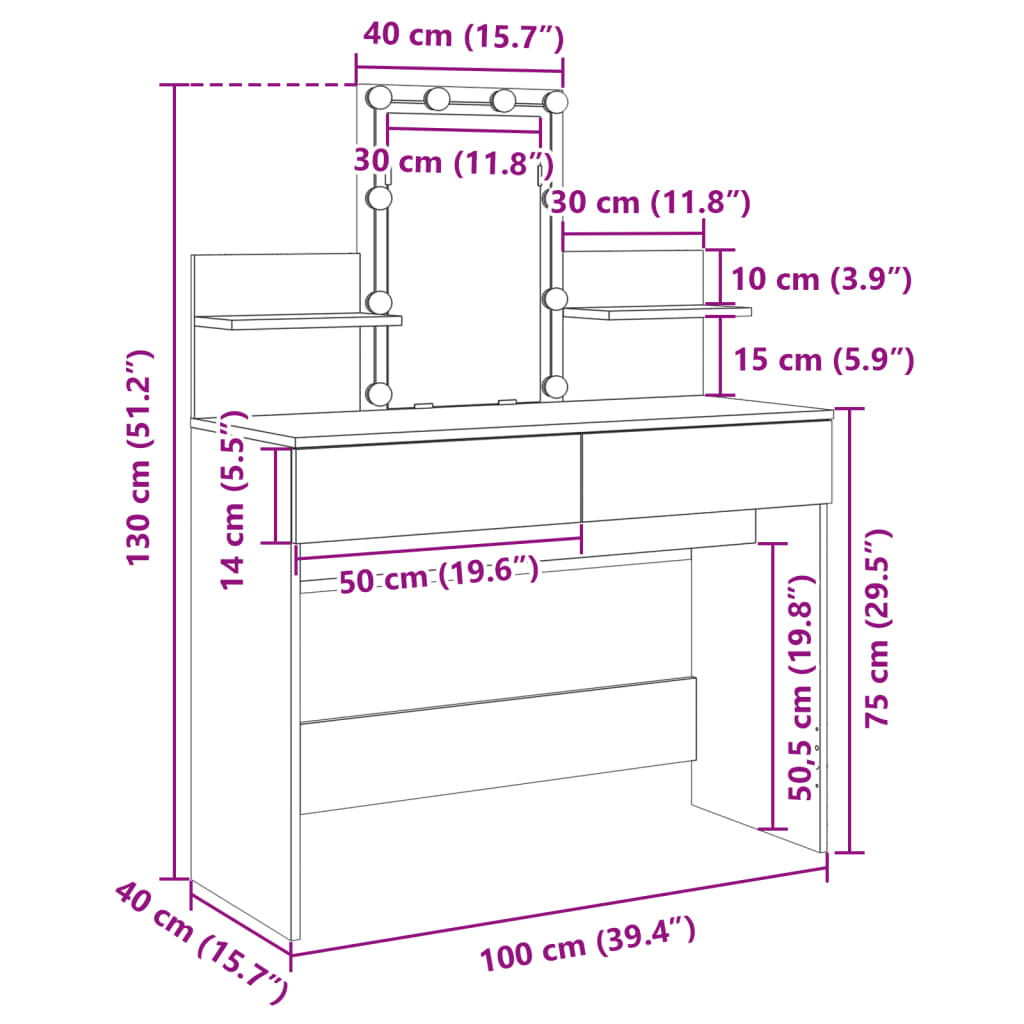 vidaXL Schminktisch mit LED-Beleuchtung Sonoma-Eiche 100x40x130 cm