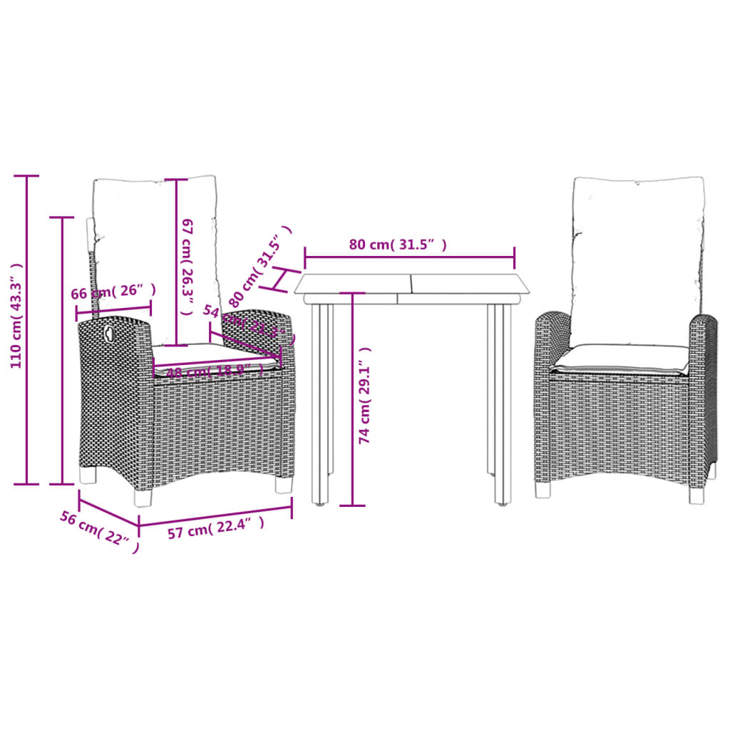 vidaXL 3-tlg. Garten-Essgruppe mit Kissen Grau Poly Rattan