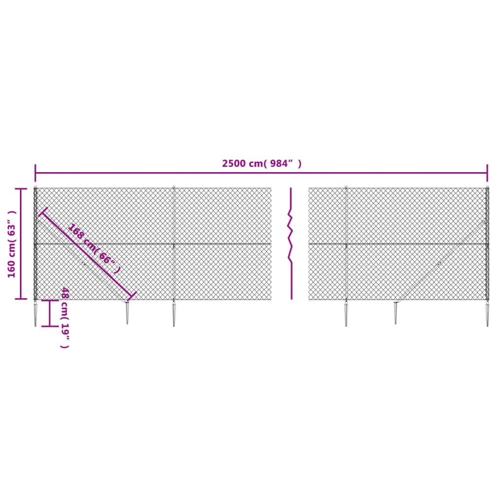 vidaXL Maschendrahtzaun mit Bodenhülsen Anthrazit 1,6x25 m