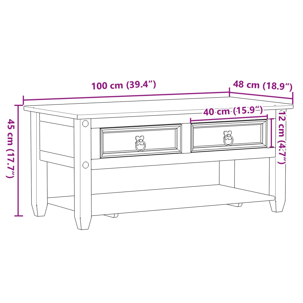 vidaXL Couchtisch mit Schubladen Corona 100x48x45 cm Massivholz Kiefer