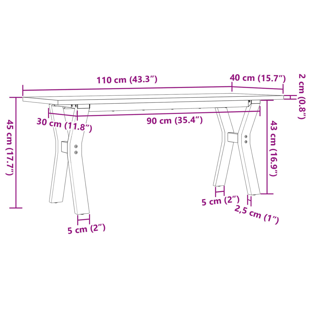 vidaXL Couchtisch Y-Gestell 110x40x45 cm Massivholz Kiefer & Gusseisen