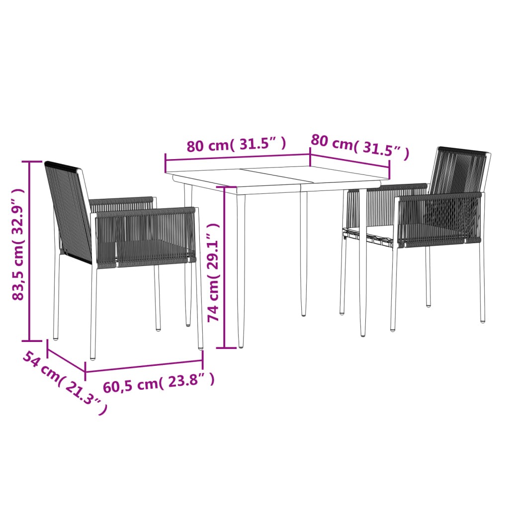 vidaXL 3-tlg. Garten-Essgruppe mit Kissen Schwarz Poly Rattan & Stahl