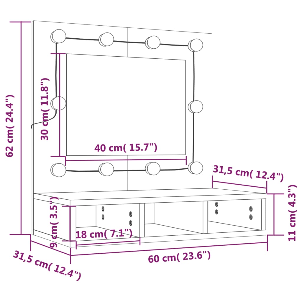 vidaXL Spiegelschrank mit LED Betongrau 60x31,5x62 cm