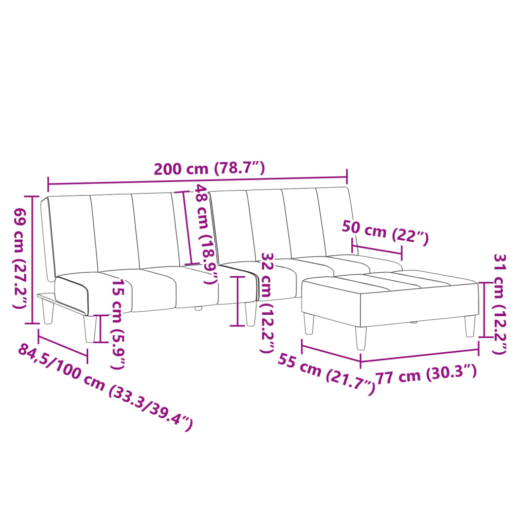 vidaXL Schlafsofa 2-Sitzer mit Fußhocker Schwarz Stoff