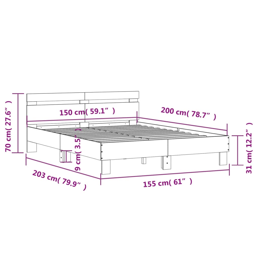 vidaXL Bettgestell mit Kopfteil LED-Beleuchtung Sonoma-Eiche 150x200cm