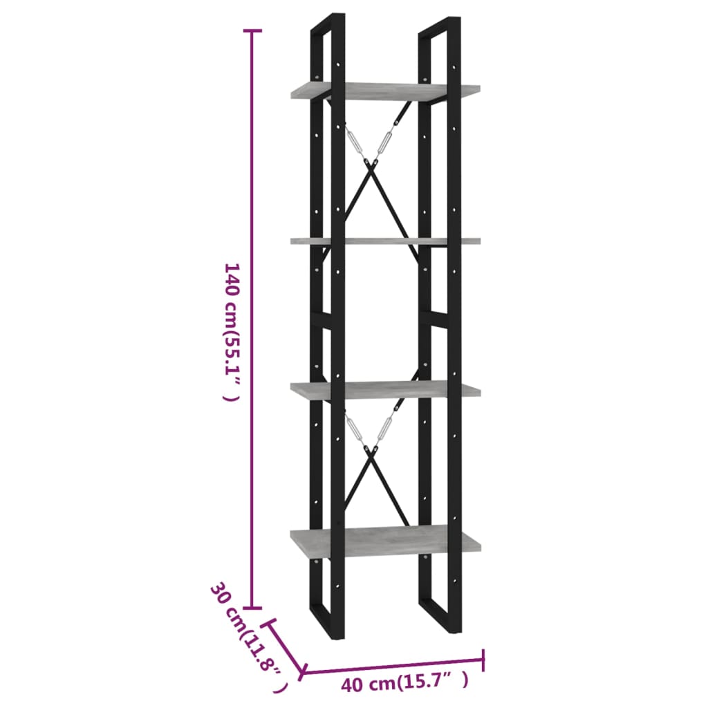 vidaXL Bücherregal 4 Fächer Betongrau 40x30x140 cm Holzwerkstoff