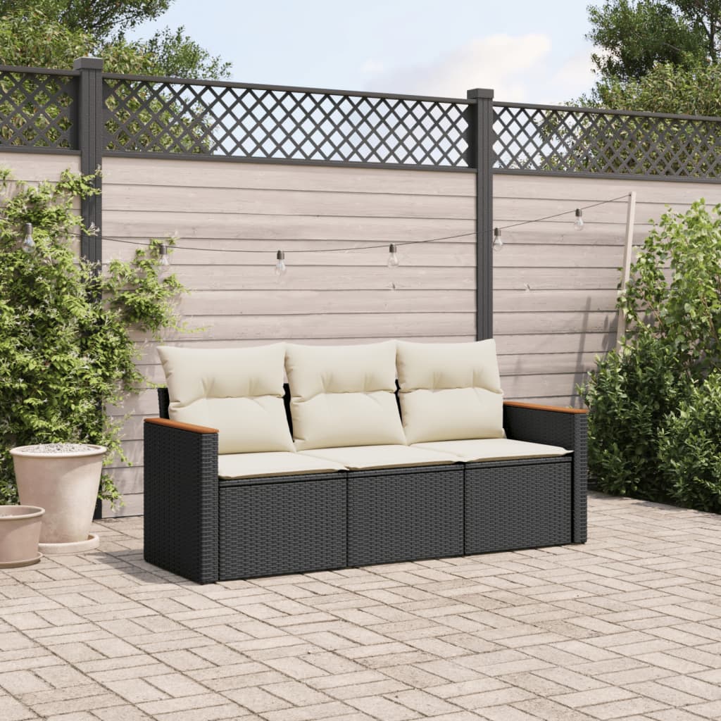 vidaXL 3-tlg. Garten-Sofagarnitur mit Kissen Schwarz Poly Rattan