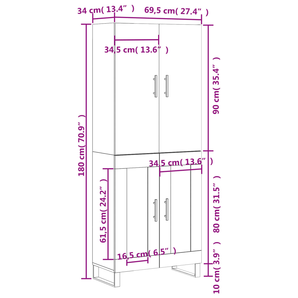 vidaXL Highboard Weiß 69,5x34x180 cm Holzwerkstoff