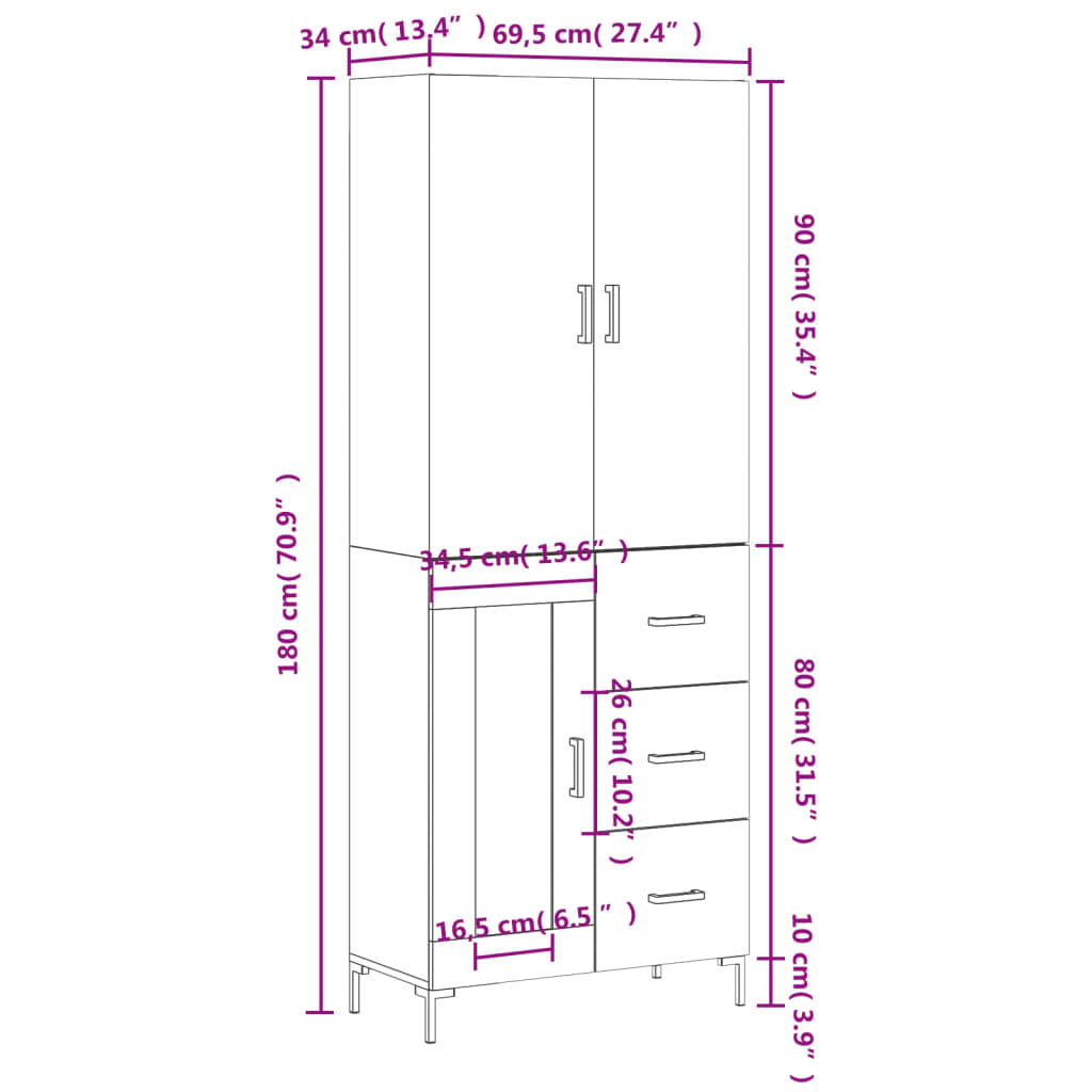 vidaXL Highboard Hochglanz-Weiß 69,5x34x180 cm Holzwerkstoff