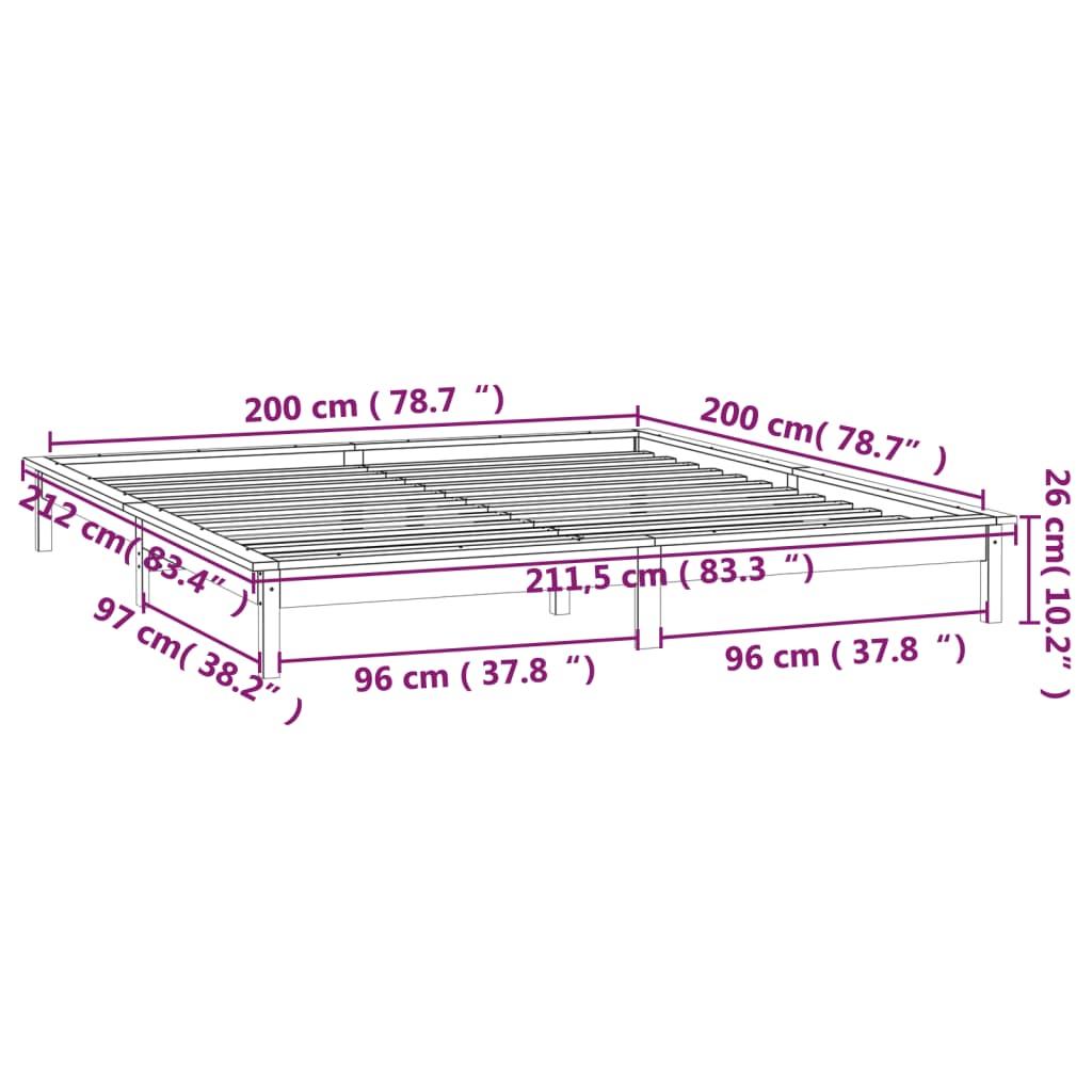 vidaXL Massivholzbett mit LEDs Grau 200x200 cm