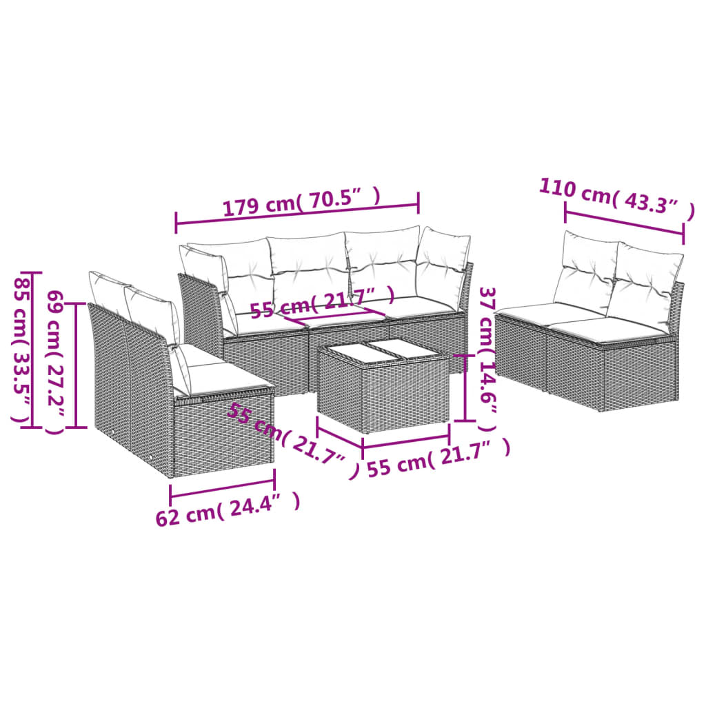 vidaXL 8-tlg. Garten-Sofagarnitur mit Kissen Schwarz Poly Rattan